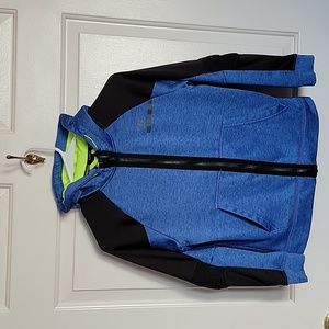 Russell, boys L(10-12) frontzip hoodie, blue and black.